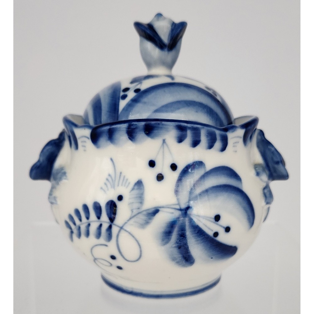 Gzhel Sugar Bowl Russian Porcelain Blue White Floral Lidded Jar Rose Handles Exc